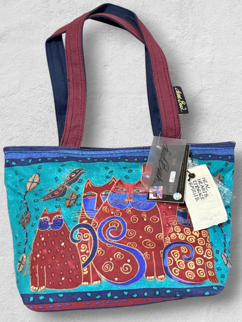 NWT Laurel Burch Sun N' Sand Beaded Medium Shoulder Tote Cats Zipper Top Handbag